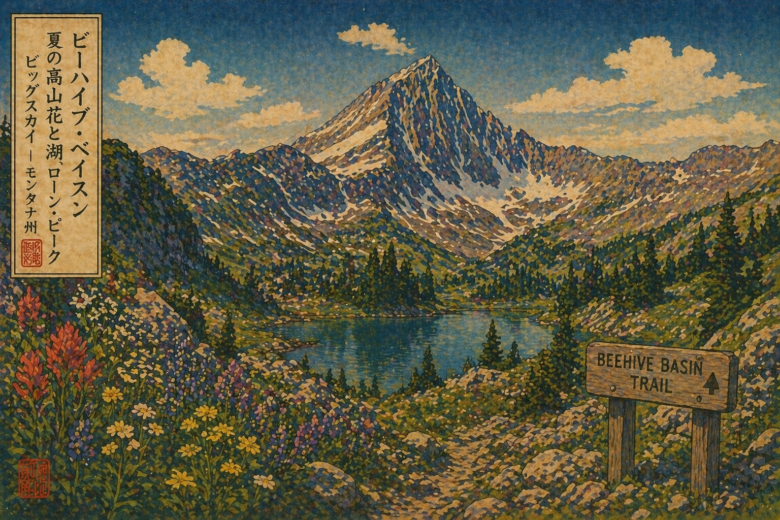 夏のBeehive Basin、高山の花、湖、Lone Peakを描いた日本版木版画風の風景