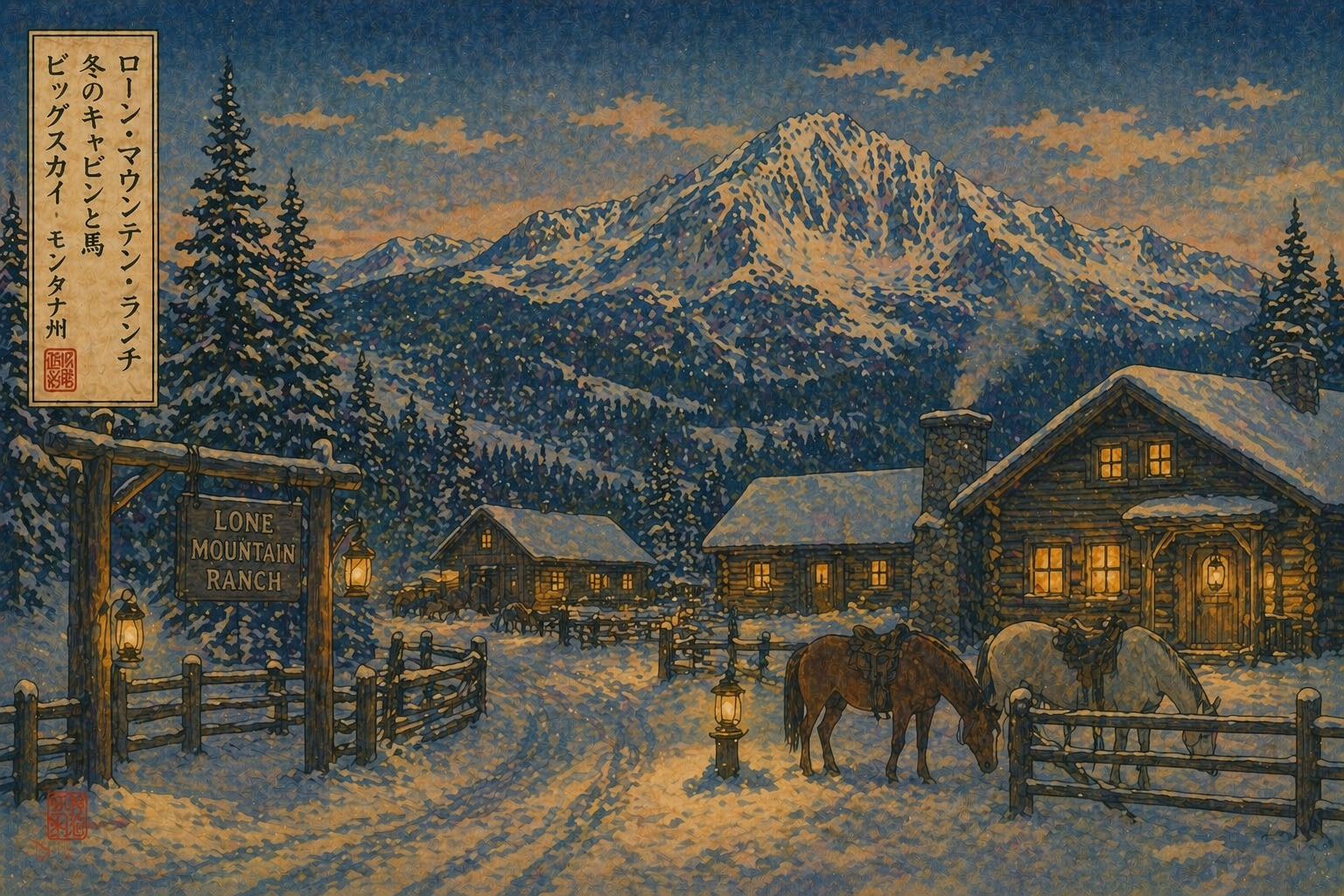 冬のLone Mountain Ranch、雪のログキャビン、馬、暖かな灯りを描いた日本版木版画風の風景