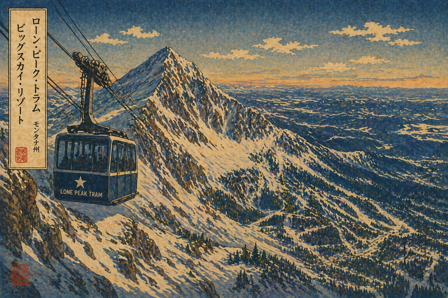 Lone Peak Tramと雪の稜線、大きな空を描いたビッグスカイの山岳風景