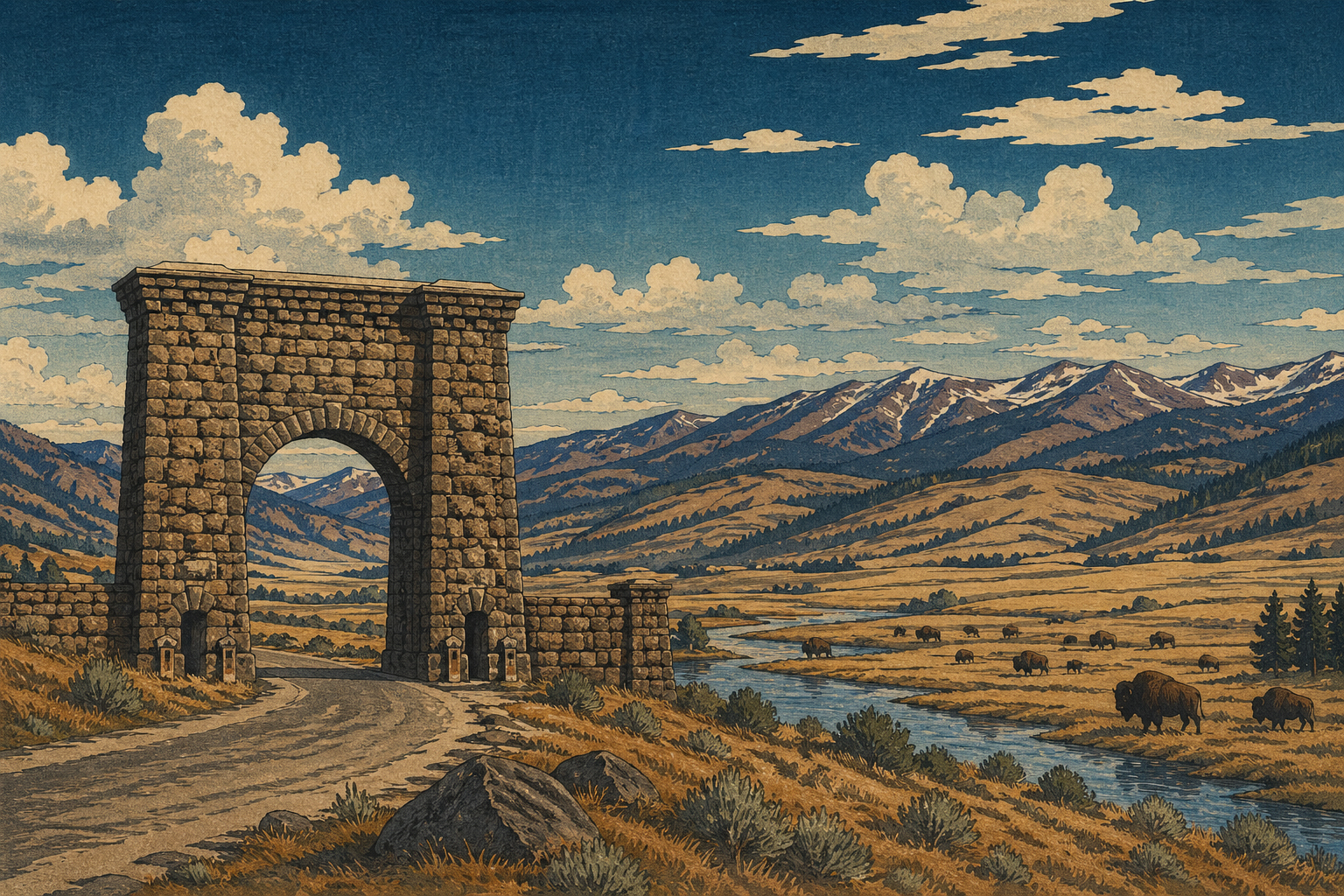 Roosevelt Arch、Lamar Valley、バイソンを描いたモンタナ側イエローストーンの風景