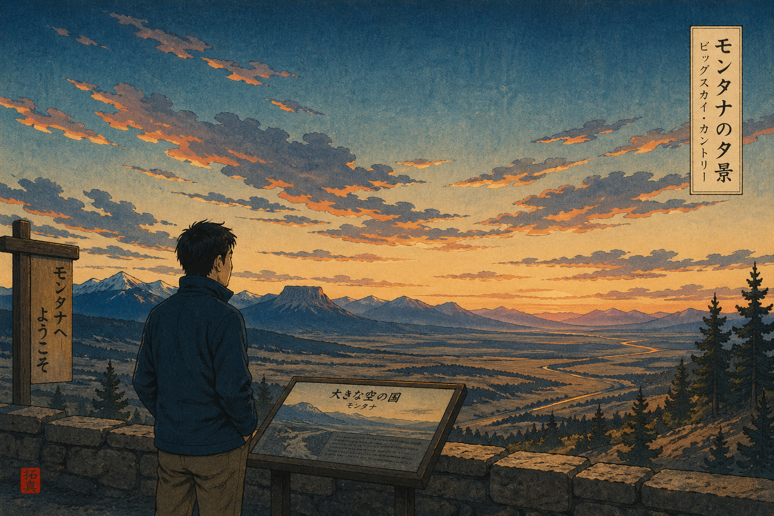 日本人旅行者ヒロがモンタナの展望地で夕方の大きな空を眺める風景