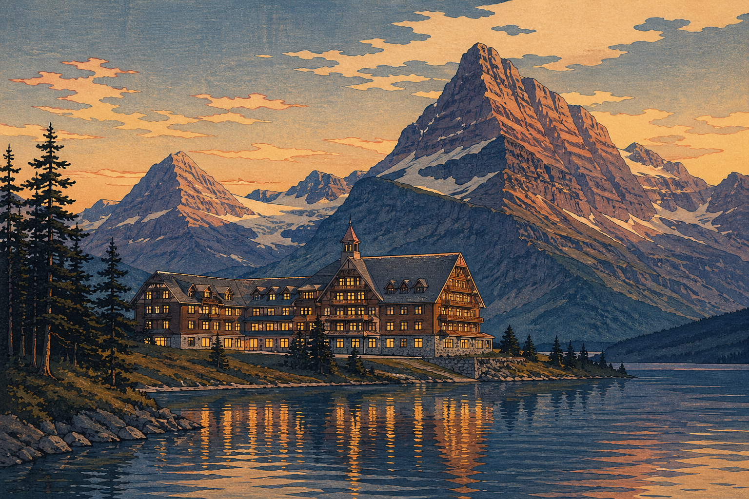 Swiftcurrent Lakeの湖畔に建つMany Glacier Hotelと夕方の山並み