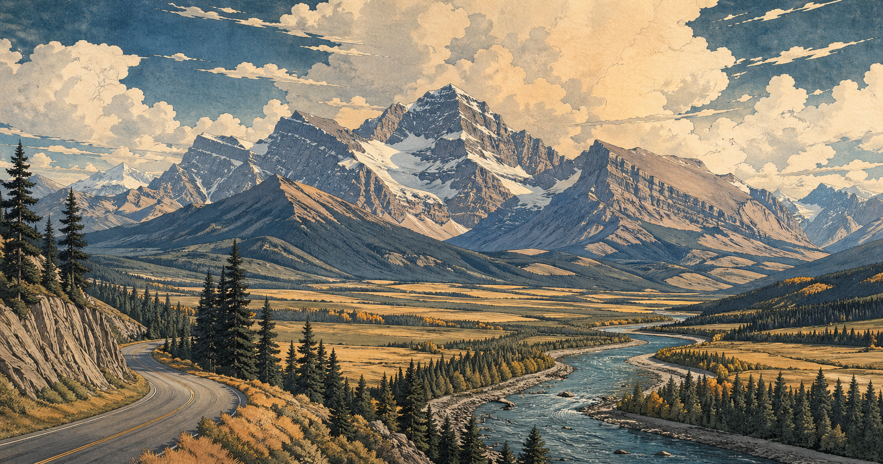 Montana.co.jpのOG画像、大きな空、道、川、山