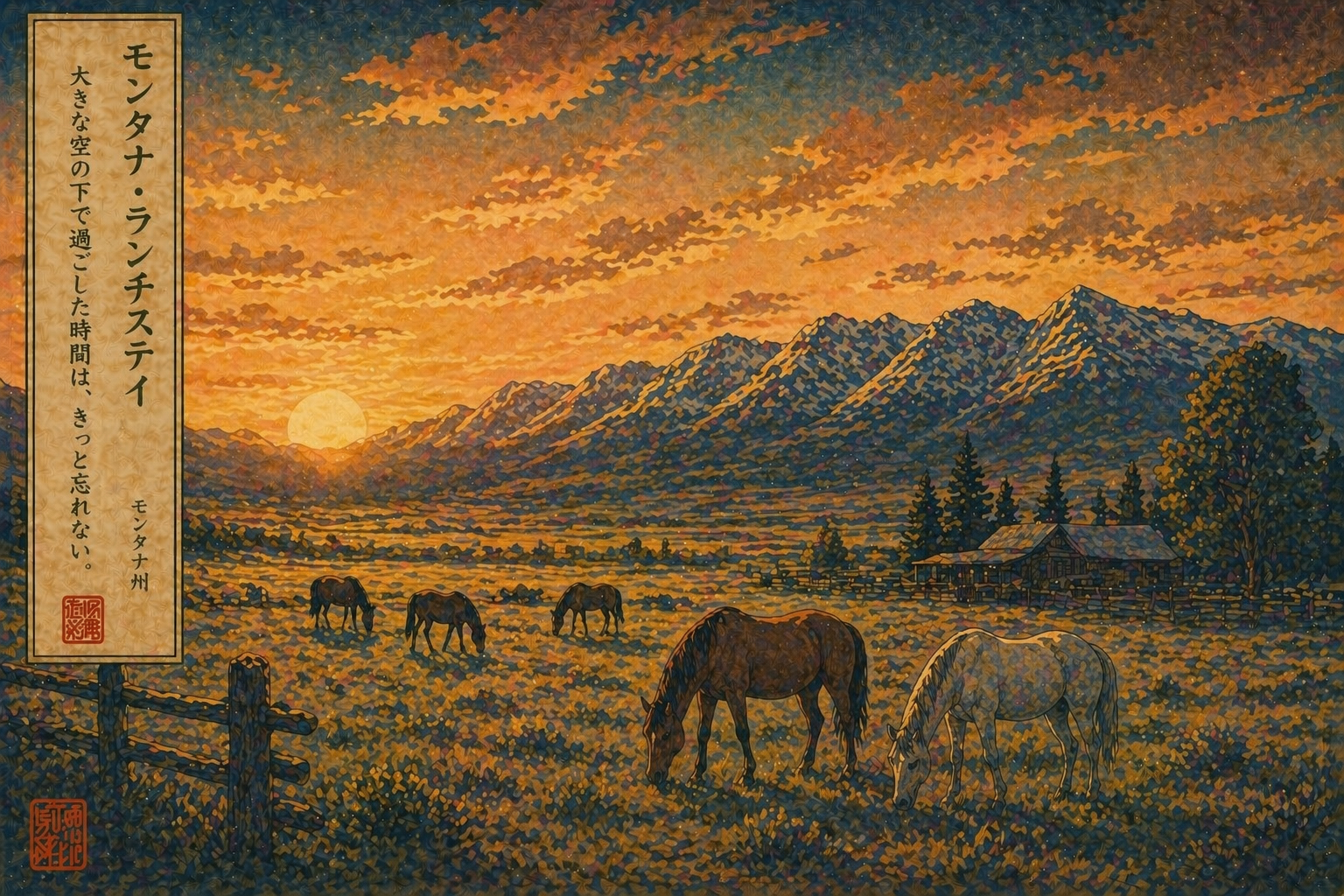 夕暮れのモンタナの牧草地、馬、山、大きな空を描いた日本版木版画風の風景