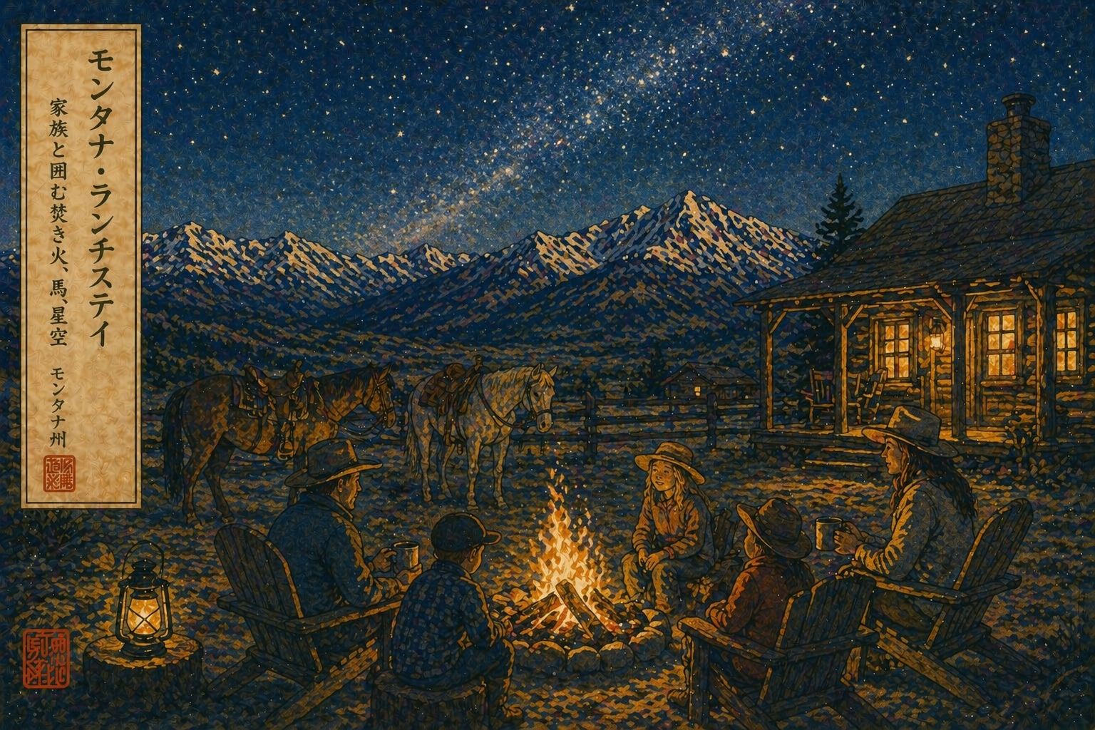 モンタナの牧場で家族が焚き火を囲み、馬と星空が見える夜の風景