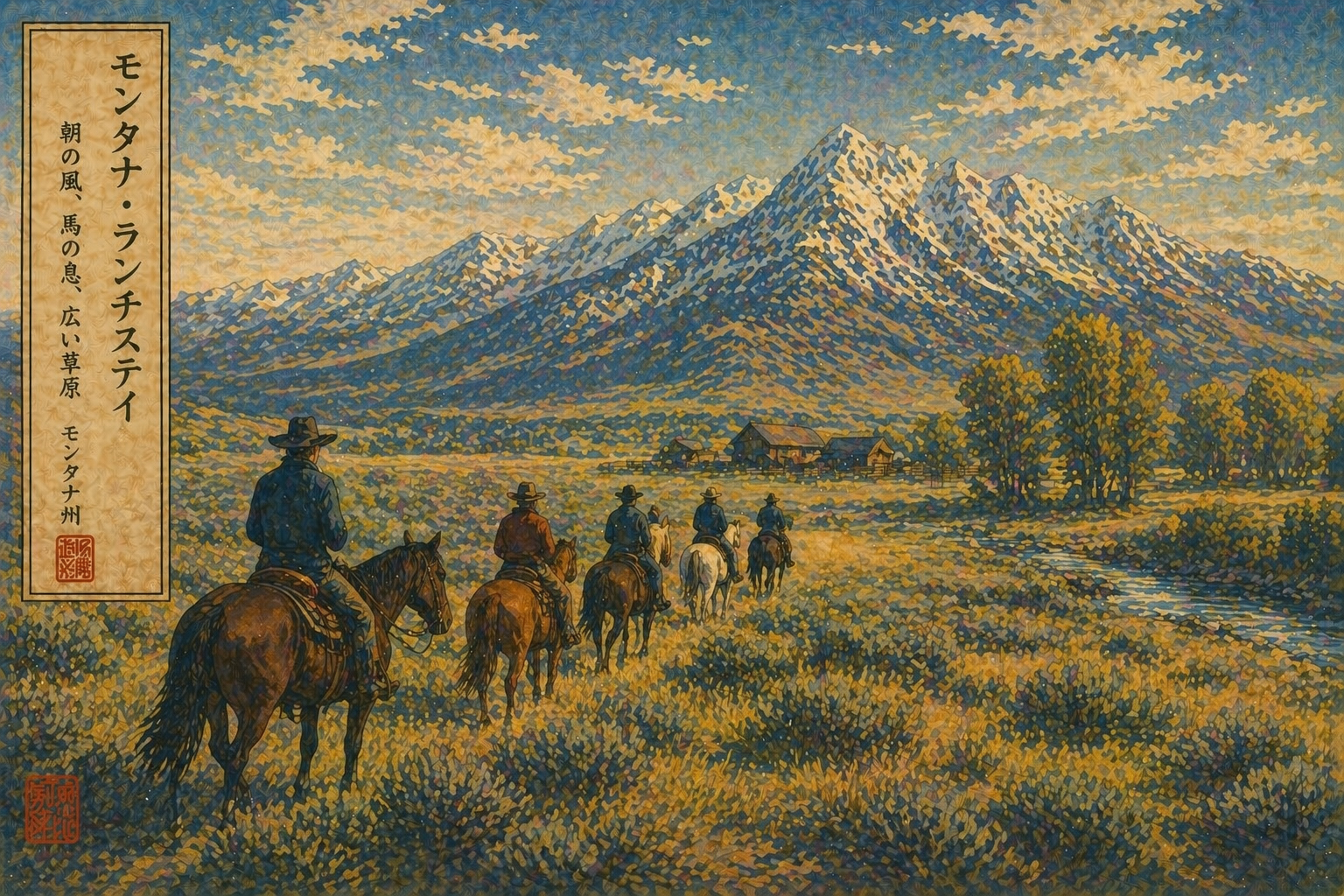 朝のモンタナの草地で馬に乗る人々と雪山を描いた日本版木版画風の風景