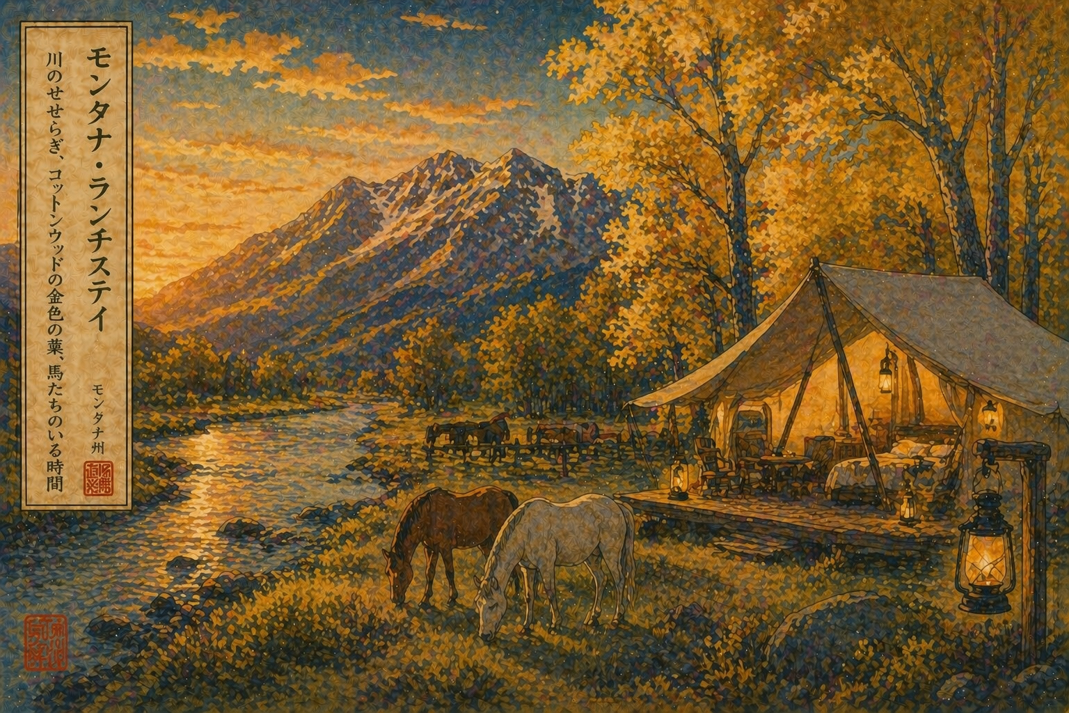川沿いの高級テント、金色のコットンウッド、馬、夕方の光を描いたモンタナのランチリゾート風景
