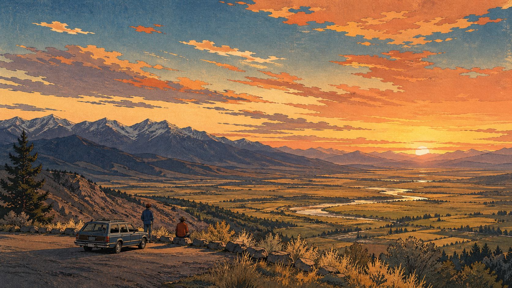 夕暮れの展望地に停まる車、モンタナの大きな谷と空を描いた日本版木版画風の風景