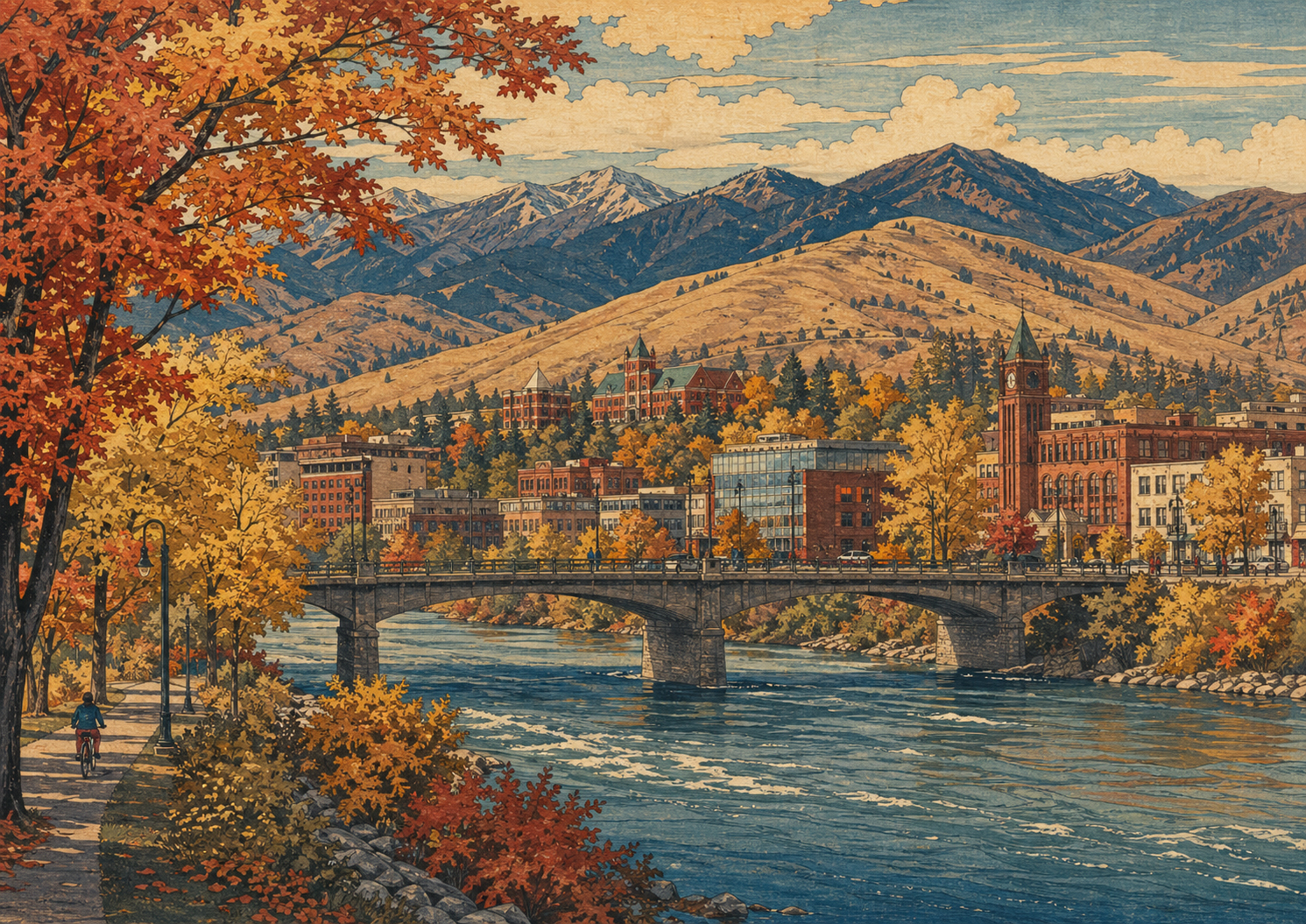 Clark Fork Riverと橋、秋のミズーラ、山と大学町の雰囲気を描いた日本版木版画風の風景