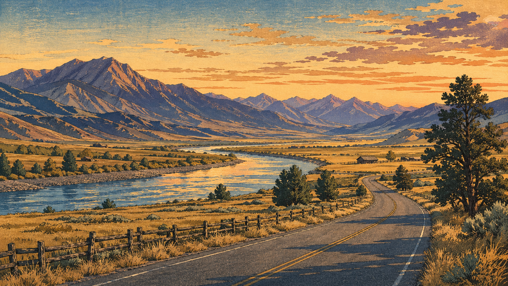 Paradise Valleyを流れるYellowstone River、道路、山、夕方の光を描いた日本版木版画風の風景
