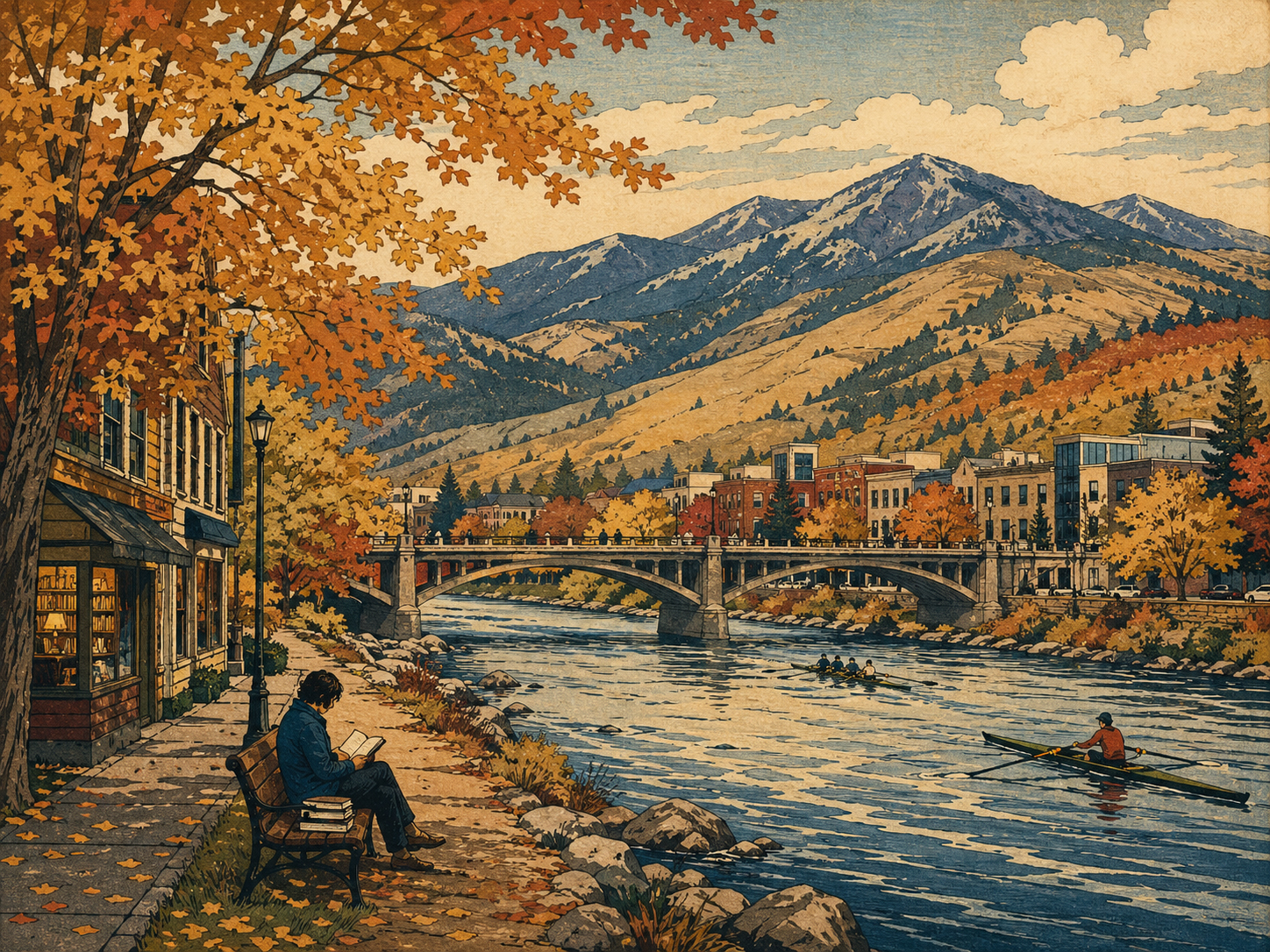 Clark Fork River、橋、秋のミズーラ、文学的な町の空気を描いた日本版木版画風の風景