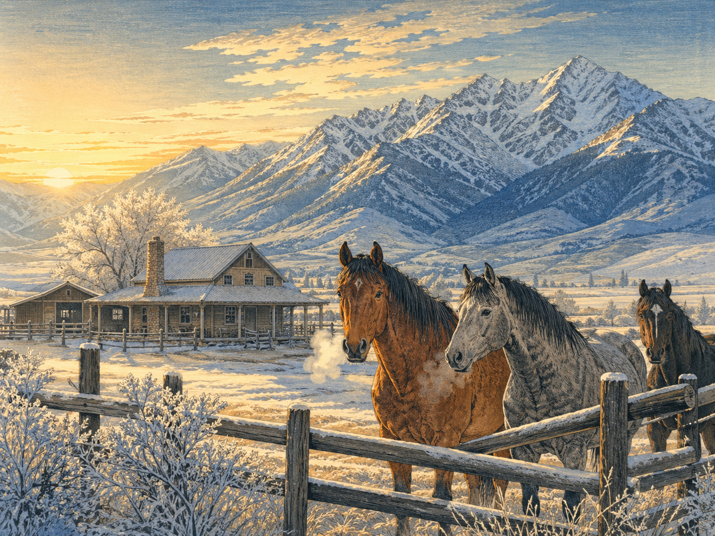 朝の牧場、馬、柵、雪山