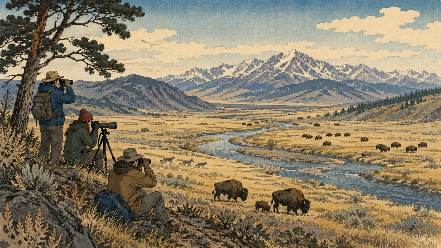 Lamar Valleyのバイソン、野生動物を観察する人々、川、山