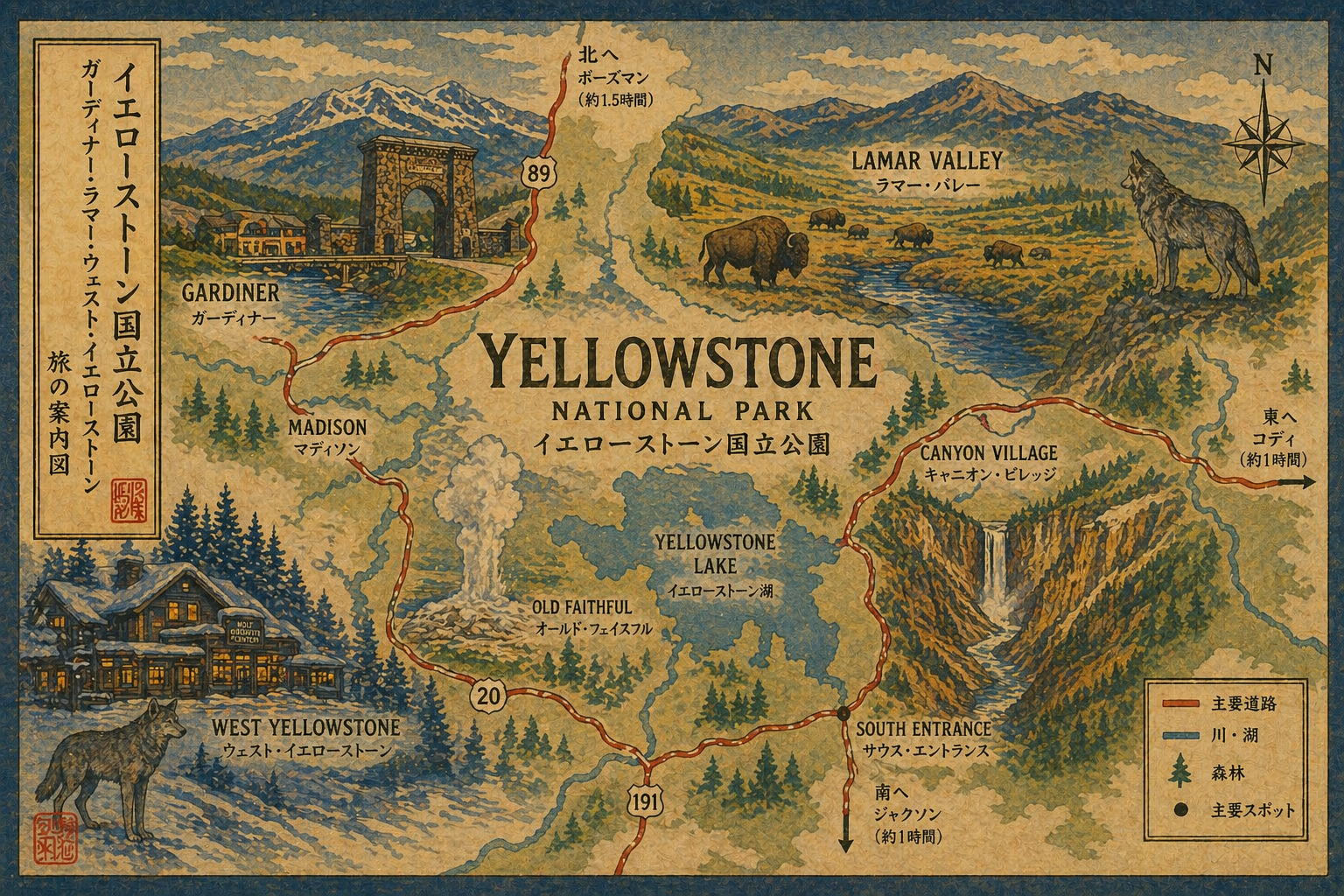 Gardiner、Lamar Valley、West Yellowstoneをつなぐモンタナ側イエローストーンの旅の流れを感じさせる風景