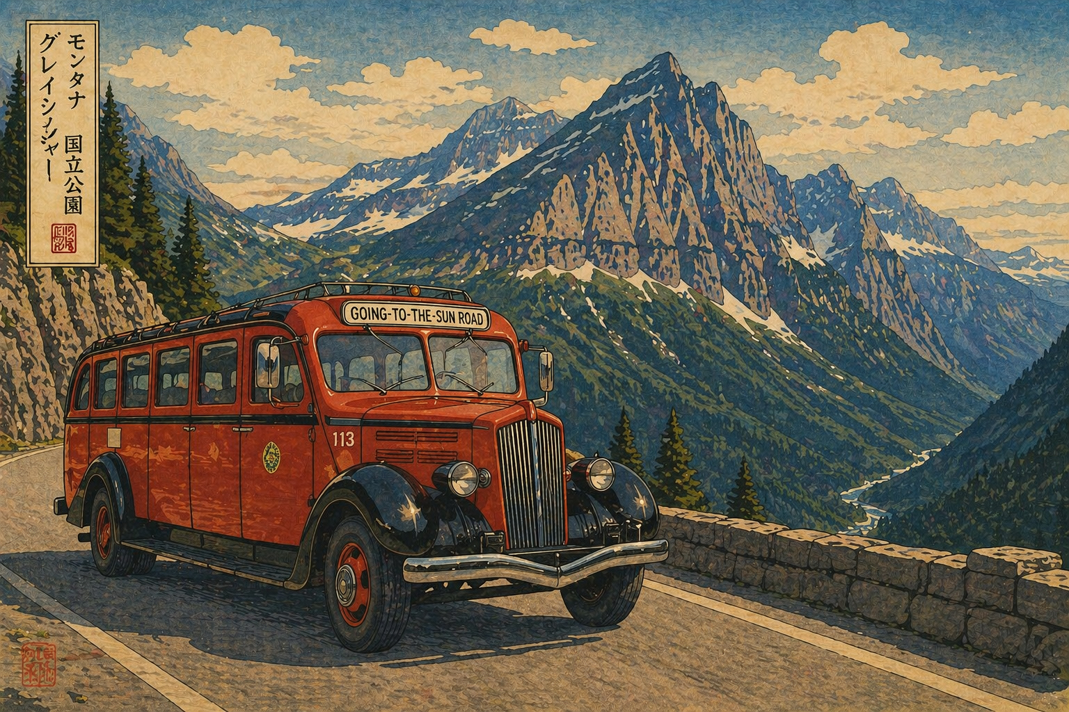 雪のWest Yellowstone、町の灯り、冬のイエローストーン入口を描いた日本版木版画風の風景